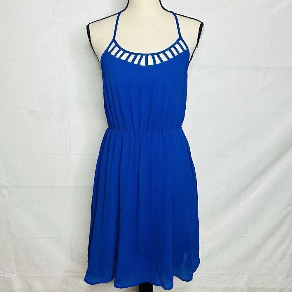 YA Los Angeles Royal Blue Silk Blend Sleeveless Dress Sz M Cut Elastic Waist